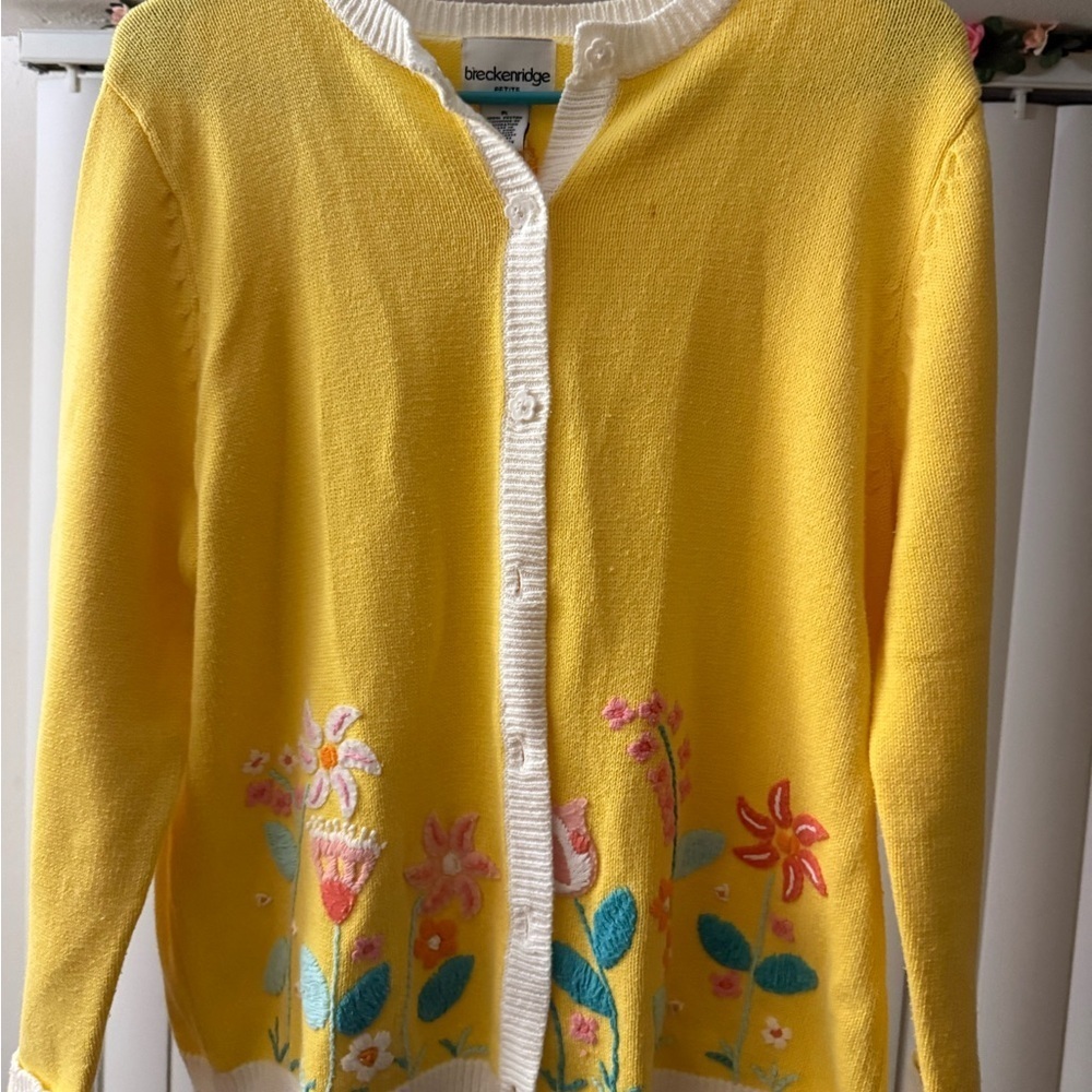 VTG Breckenridge Sz Petite Large Cardigan Button Up Knit Embroidered Floral
